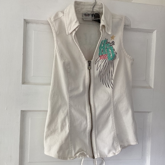 Harley-Davidson xs white and teal denim sparkle studded wings top - Picture 3 of 6